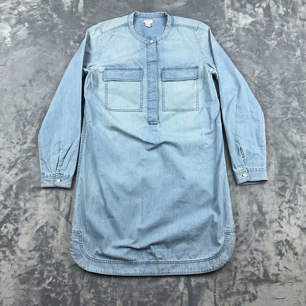 J. Crew Shirt Dress Womens Sz S Light Wash Blue Chambray Long Sleeve Henley
